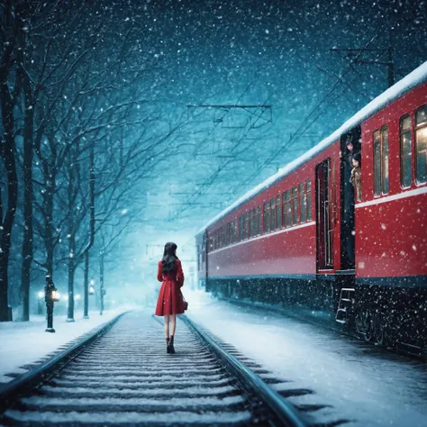 dark night, dark theme, heavy snowing, platform, antique red train at the station, girl getting on train, , (masterpiece), ((ultra-detailed)), (highly detailed CG illustration),(expressionless), (best quality:1.2), High quality texture, intricate details, detailed texture, High quality shadow, Cinematic Light, Depth of field, light source contrast, perspective, 20s, (ulzzang-6500-v1.1:0.5), <lora:epi_noiseoffset2:1>, <lora:add_detail:0.8>, <lora:detailed_eye-10:0.8>