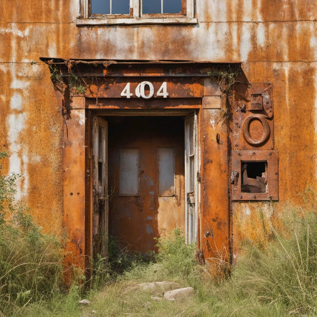 (Realism)) A photo by Famous Photographer (David LaChapelle) (Canon Eos 300mm film , wide angle lens) of (rusty metal house number "404"), on an abandoned building, entrance, decay, hyper detailed, natural lighting, studio quality, film grain, UHD, DSLR, sharp focus, 8k high definition, UHD ,DSLR, professional film photography, trending on Artstation, professional photo, insanely detailed, intricate details , masterpiece