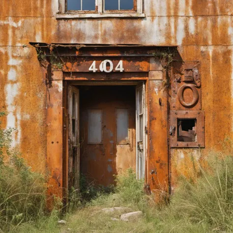 (Realism)) A photo by Famous Photographer (David LaChapelle) (Canon Eos 300mm film , wide angle lens) of  (rusty metal house number "404"), on an abandoned building, entrance, decay, hyper detailed, natural lighting, studio quality, film grain, UHD, DSLR, sharp focus, 8k high definition, UHD ,DSLR, professional film photography, trending on Artstation, professional photo, insanely detailed, intricate details , masterpiece