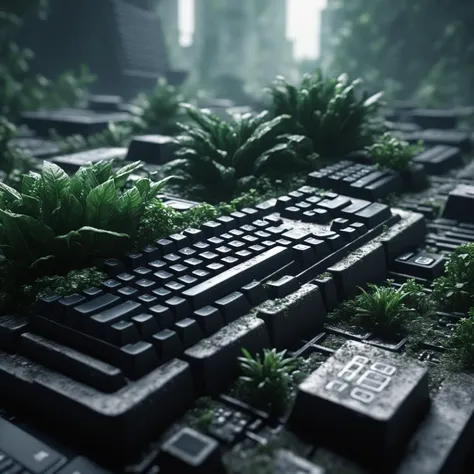 Dystopian style detailed photo of keyboard kingdom, city built on a pc keyboard, macro, green plants, dust, 8 k, by daniel mcgarry, xiaolong wang, trending on artstation, hyper detailed, beautiful lighting, epic environment . Bleak, post-apocalyptic, somber, dramatic, highly detailed