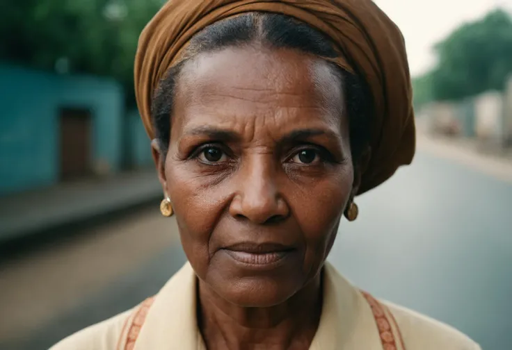 cinematic photo analog style portrait of an Close-up photography of the face of a tanzanian old woman with Natural brown High and tight haircut hair , (by Alyssa Monks:1.1), by Joseph Lorusso, by Lilia Alvarado, beautiful lighting, sharp focus, 8k, high res, (pores:0.5), (sweaty:2), glossy, oily skin, Masterpiece, Nikon Z9, Award - winning photograph . wes anderson movie, still from stanley kubrick movie, 35mm photograph, film, bokeh, professional, 4k, highly detailed