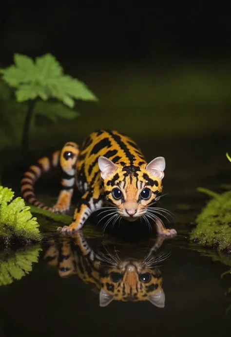 breathtaking ducumentary top photography of a hybrid tiger (cat) salamander stalking insects in a swamp, fog, many details, award-winning, professional, evening light