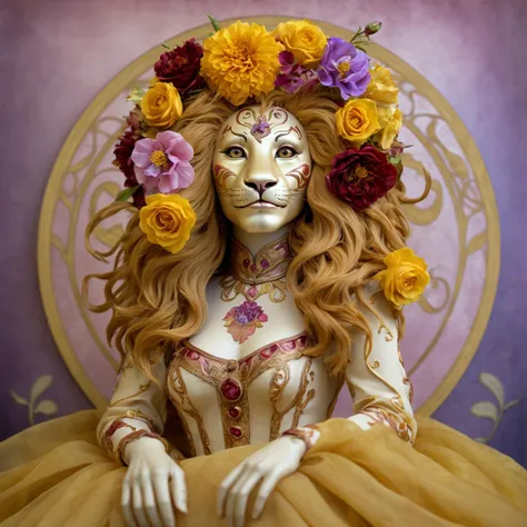photography of a (anthropomorphic lion-woman:1.3), delicate, blossoms arrangement being displayed:: flowers are art nouveau:: flowers are vibrant and beautiful, flowers are mostly golds, ochre yellows, crimson reds, violets and muted pinks:: flowers are made of crumpled paper and silk:: 8k high resolution, professional color graded, highres, front, f 1. 4, 50mm, (cowboy shot)<lora:more_details:0.6>,holographic