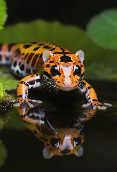 breathtaking ducumentary top photography of a hybrid tiger (cat) ((salamander)) stalking insects in a swamp, ((((fiireflies)))) everywhere, mirrored imagery, fog, many details, award-winning, professional, evening light,