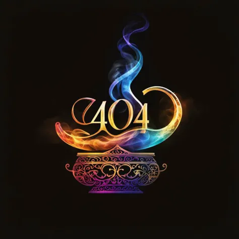 ("404" text logo:1.9), (an intricate genie's lamp, oozes colorful smoke), smoke spells text "404", dark background