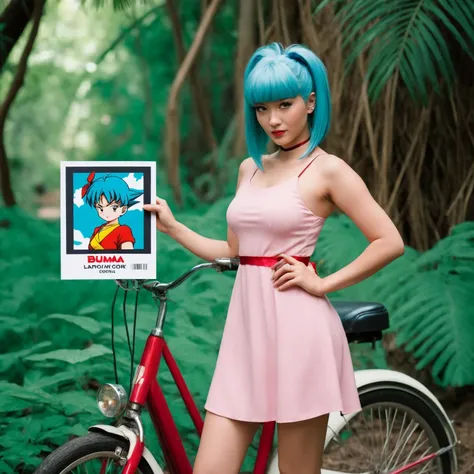 polaroid photo (full height:1.3), a powerful  lao woman with  Chestnut brown Dutch braid hair  As Bulma during her early adventures with Goku. Dressed in her classic pink dress and red ribbon, standing amidst a lush jungle, Capsule Corp bike parked nearby, looking determined with a map in hand. Inspired by Krenz Cushart, neoism, kawacy, wlop, gits anime. Blue hair styled in her iconic bob. . flash photography, light bleed, scratches, Terry Richardson style