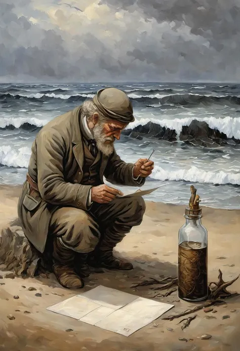 Ultra Fullbody oil painting {palette knife soft brushstrokes} of a creature: {seafarer on the beach, (putting an Mailing envelope into a glass bottle:1.25), in the background the rough sea}, masterpice by sorserob:1.36), trending on artstation, best quality, 4k textures, ultra detailed