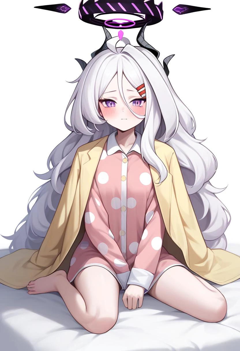 score_9,score_8_up,score_7_up,<lora:blue_archive_all_v2:1>,hina_\(blue_archive\), 1girl, squeans, yellow_jacket, looking_at_viewer, blush, polka_dot_pajamas, hina_\(pajamas\)_\(blue_archive\), white_background, solo, simple_background, jacket_on_shoulders, barefoot, closed_mouth, pink_pajamas, official_alternate_costume, highres