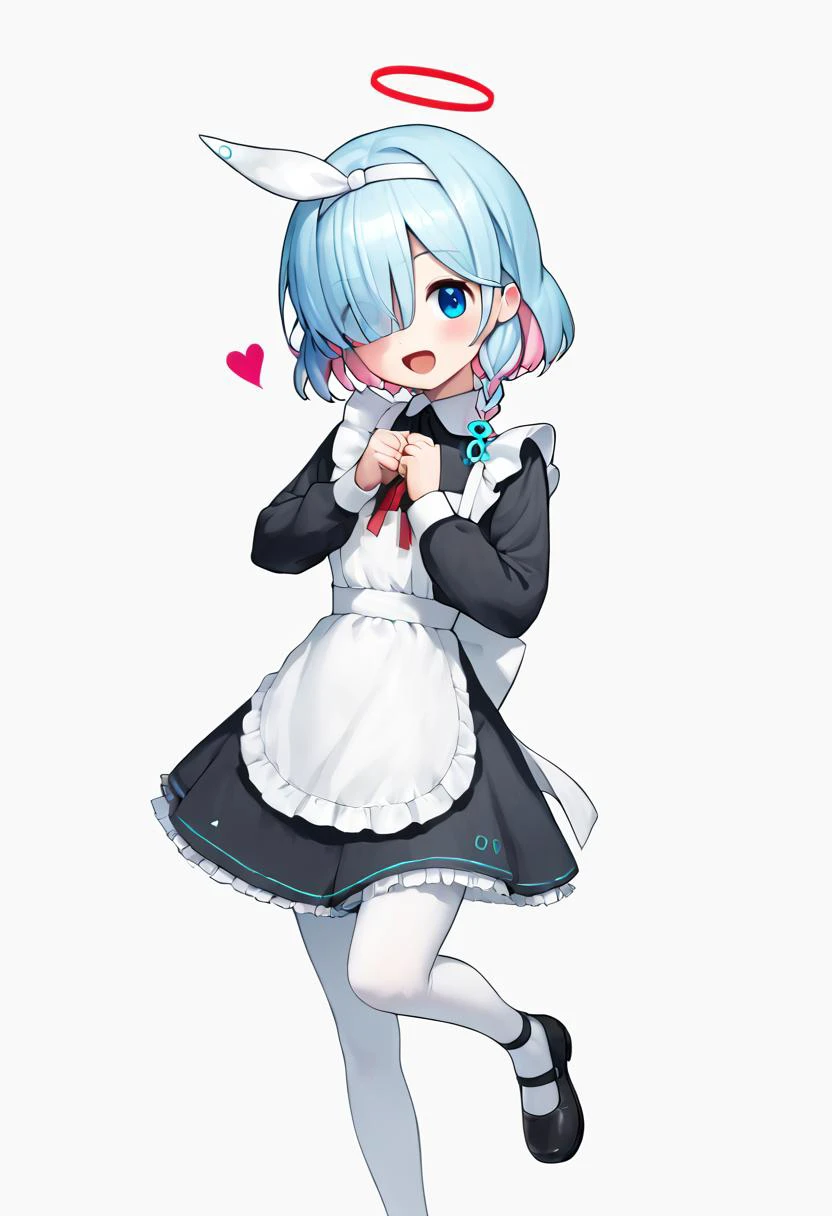 score_9,score_8_up,score_7_up,<lora:blue_archive_all_v1:1>,1girl, arona_\(blue_archive\), maid_apron, solo, blush, white_hairband, enmaided, highres, absurdres, red_ribbon, heart, :d, looking_at_viewer, white_pantyhose, simple_background, commentary_request, white_background, standing_on_one_leg, open_mouth, hair_over_one_eye, long_sleeves