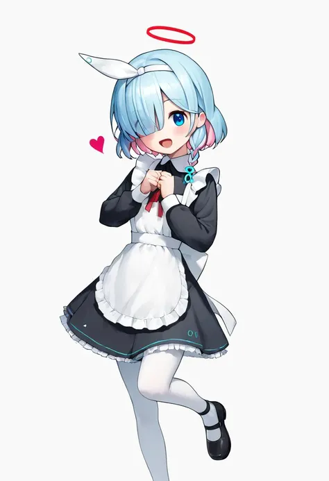 score_9,score_8_up,score_7_up,<lora:blue_archive_all_v1:1>,1girl, arona_\(blue_archive\), maid_apron, solo, blush, white_hairband, enmaided, highres, absurdres, red_ribbon, heart, :d, looking_at_viewer, white_pantyhose, simple_background, commentary_request, white_background, standing_on_one_leg, open_mouth, hair_over_one_eye, long_sleeves