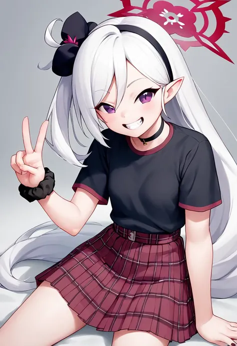 score_9,score_8_up,score_7_up,<lora:blue_archive_all:1>,
mutsuki_\(blue_archive\), 1girl, pointy_ears, red_skirt, short_sleeves, grin, hair_scrunchie, small_breasts, black_scrunchie, black_shirt