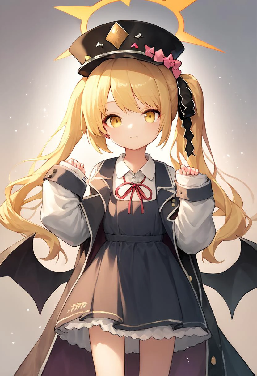 score_9,score_8_up,score_7_up,<lora:blue_archive_all:1>,
1girl, ibuki_\(blue_archive\), yellow_halo, demon_wings, black_dress, black_wings, white_shirt, sleeves_past_fingers, black_coat, collared_shirt, pinafore_dress