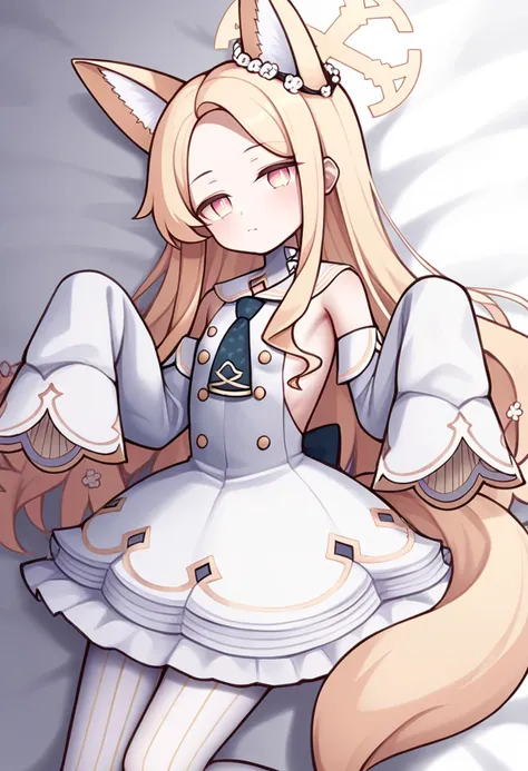 score_9,score_8_up,score_7_up,<lora:blue_archive_all_v3:1>,1girl, animal_ear_fluff, bare_shoulders, bed_sheet, blonde_hair, closed_mouth, detached_sleeves, fox_ears, fox_tail, highres, looking_at_viewer, seia_\(blue_archive\), sleeves_past_fingers, solo, vertical-striped_clothes, vertical-striped_pantyhose, very_long_hair, white_dress, white_pantyhose, wide_sleeves, yellow_eyes, yellow_halo