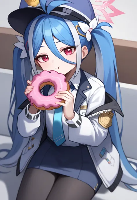 score_9,score_8_up,score_7_up,<lora:blue_archive_all_v3:1>,1girl, black_pantyhose, blue_hair, blue_necktie, fubuki_\(blue_archive\), halo, highres, holding_doughnut, holding_food, long_hair, pink_eyes, police_hat, police_uniform, solo, white_jacket, white_shirt