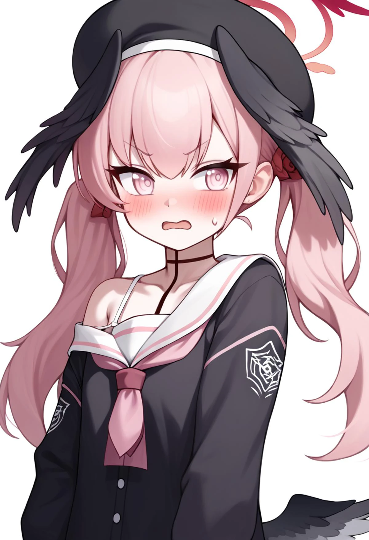 score_9,score_8_up,score_7_up,<lora:blue_archive_all_v3:1>,1girl, absurdres, beret, black_cardigan, black_hat, black_wings, blush, body_markings, collarbone, commentary_request, feathered_wings, furrowed_brow, hand_on_own_chest, head_wings, highres, holding_book, koharu_\(blue_archive\), long_hair, looking_at_viewer, looking_to_the_side, low_wings, open_mouth, outstretched_arm, pink_eyes, pink_hair, pink_neckerchief, pointing_at_viewer, red_halo, sidelocks, sideways_glance, simple_background, single_bare_shoulder, single_off_shoulder, sleeves_past_wrists, small_sweatdrop, solo, spaghetti_strap, thick_eyelashes, three_quarter_view, twintails, upper_body, v-shaped_eyebrows, white_background, white_sailor_collar