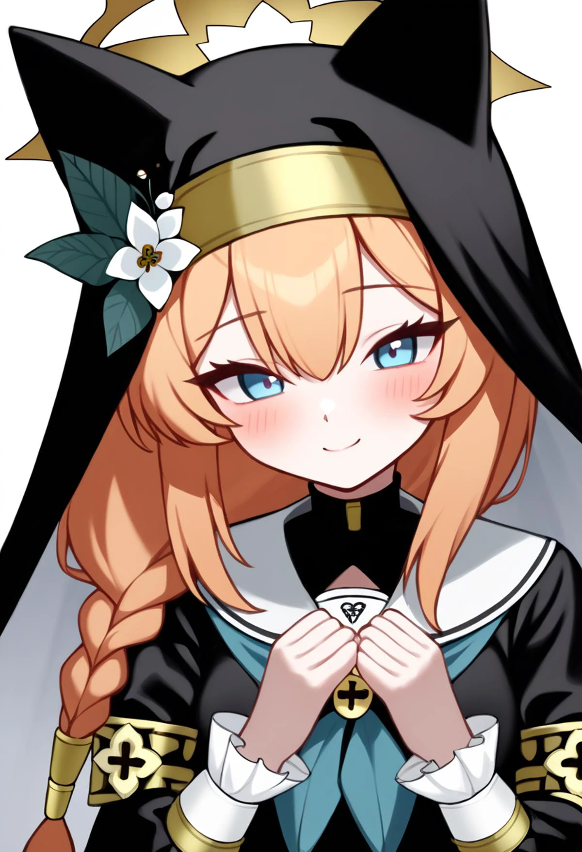 score_9,score_8_up,score_7_up,<lora:blue_archive_all_v3:1>,1girl, absurdres, animal_ear_headwear, black_hat, blue_eyes, blue_neckerchief, blush, closed_mouth, coif, habit, hat_flower, highres, long_hair, long_sleeves, mari_\(blue_archive\), nun, orange_hair, simple_background, single_braid, smile, solo, upper_body, white_background, white_flower, yellow_halo