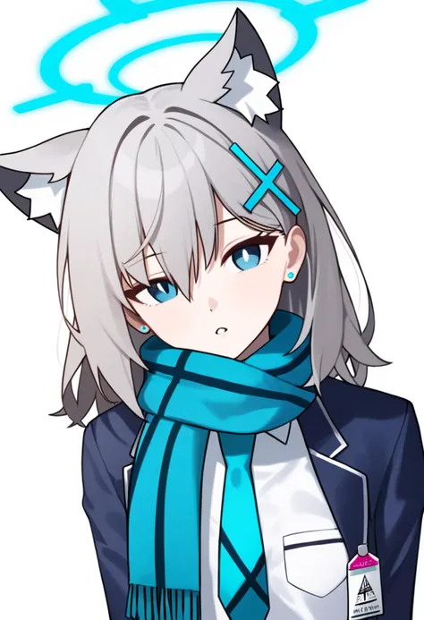 score_9,score_8_up,score_7_up,<lora:blue_archive_all_v3:1>,1girl,animal_ear_fluff,blue_eyes,blue_halo,blue_jacket,blue_necktie,blue_scarf,commentary_request,cropped_torso,cross_hair_ornament,extra_ears,highres,looking_at_viewer,medium_hair,mismatched_pupils,parted_lips,shiroko_\(blue_archive\),simple_background,solo,straight-on,stud_earrings,white_background,white_shirt,wolf_ears,