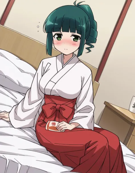 score_9, score_8_up, score_7_up, source_anime,
harutakimi, <lora:haru-takimi-s2-ponyxl-lora-nochekaiser:1>,
haru takimi, bangs, green eyes, ponytail, green hair, blunt bangs,
skirt, japanese clothes, hakama, hakama skirt, miko, red hakama,
indoors, bed, bed room, on side, blush, drunk,
cowboy shot, looking at viewer, solo, dutch angle,