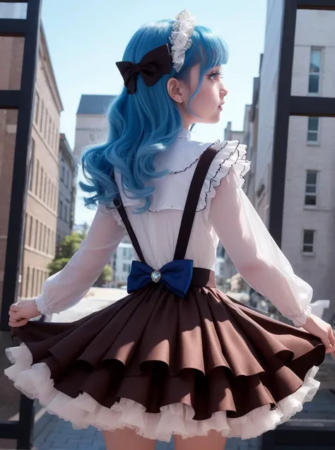beautiful 1girl wearing a oxford brown (idol dress) <lora:idol_dress-2.0:0.8>,
layered skirt, frills, ribbon, bow, sequins,
(sapphire blue hair Wavy Bob),
(Sky Villages),
from behind,
marching,
confident