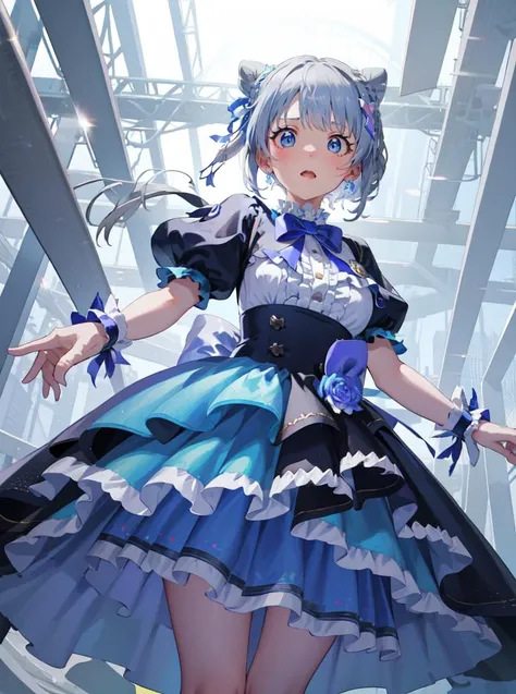 super high quality,amane kanata,Gothic Lolita,,whole body。short hair,standing on tiptoe,stretch your knees,playground equipment in the background,Angle from directly above,Nipples are visible when slouching。small breasts,9 years old