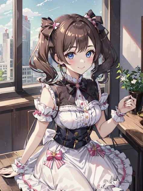 solo, beautiful girl, shiny idol dress, modern penthouse apartment, bows, ribbon, frills, sitting, cute, smiling <lora:idol_dress-1.0:0.8>
