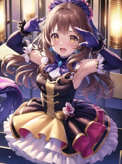 beautiful 1girl wearing a pale yellow (idol dress) <lora:idol_dress-2.0:1>, vivid, vibrant, two-tone dress,
layered skirt, frills, ribbon, bow, sequins, 
(warm brown hair Cornrows),
(New Orleans, Louisiana),
boom shot,
arms raised in victory or celebration,
thirsty