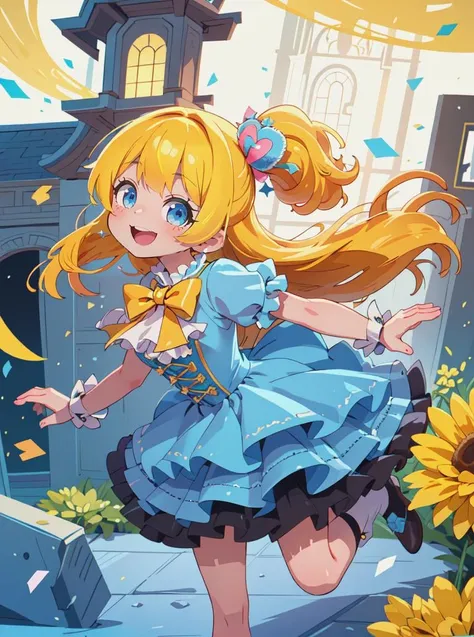 beautiful 1girl wearing a denim blue (idol dress) <lora:idol_dress-2.0:0.8>,
layered skirt, frills, ribbon, bow, sequins, 
(golden yellow hair Bouffant),
(Mansion),
high angle,
running,
joyful