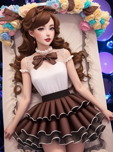 beautiful woman wearing a chocolate brown (idol dress) <lora:idol_dress-2.0:0.8>,
layered skirt, frills, ribbon, bow, sequins,
seductive, reclining, skirt lift,
The Mystery Machine