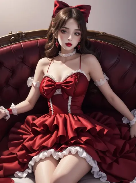 beautiful woman wearing a racing red (idol dress) <lora:idol_dress-2.0:0.8>,
layered skirt, frills, ribbon, bow, sequins,
 seductive, reclining, ((dress lift)),
couch