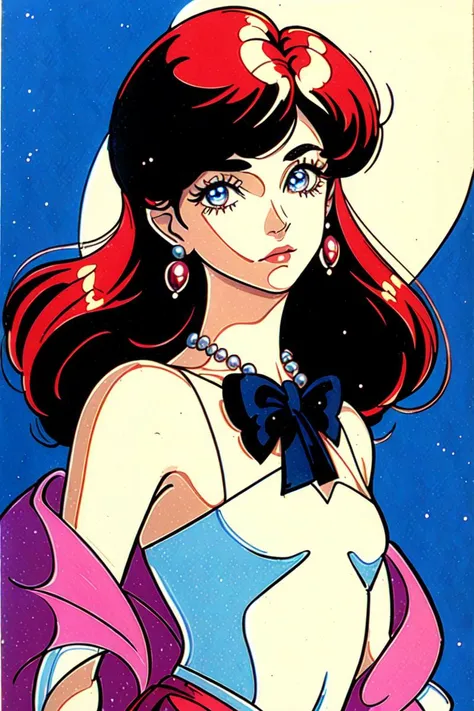 (((masterpiece))), (((best quality))), floating, ((an extremely delicate and beautiful)),(upper body),(beautiful detailed eyes), ((disheveled hair)), haughty,   model poseï¼ bowï¼nail pearl jewelryï¼twinkleï¼shiningï¼ 1980sï¼ï¼((small head))ï¼  [[osamushou]]