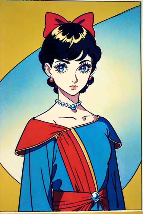 (((masterpiece))), (((best quality))), floating, ((an extremely delicate and beautiful)),(upper body),(beautiful detailed eyes), ((disheveled hair)), haughty,   model poseï¼ bowï¼nail pearl jewelryï¼twinkleï¼shiningï¼ 1980sï¼ï¼((small head))ï¼  [[osamushou]]