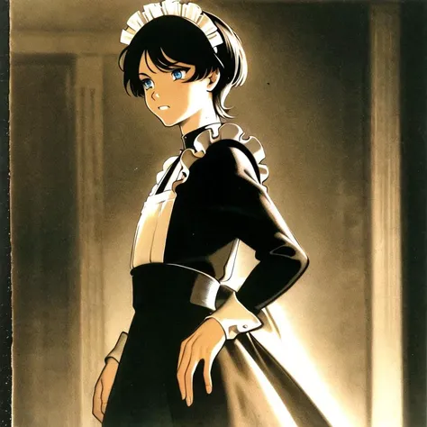, (((masterpiece))), (((best quality))),  ((an extremely delicate and beautiful)),(upper body),(beautiful detailed eyes),  ,solo, dark black smooth hairï¼ blue eyesï¼1  beautiful girlï¼,coloful,  , [[osamushou]] olfnï¼ outdoorï¼sunshineï¼TomBoyï¼asexualityï¼sexlessï¼ short hairï¼ coolï¼ sexyï¼  ã colorful ï¼ livelyï¼ frownï¼  sunshineï¼ <lora:scaramoucheGenshinImpact_v10:0,9>ï¼ï¼ long sleevesï¼standing straightlyï¼the eighteenth centuryï¼ï¼((black and white English maid long dress))  slim poor body
unpleasantï¼elegantï¼fit
soloï¼ bad mood ï¼indoorï¼ olfn