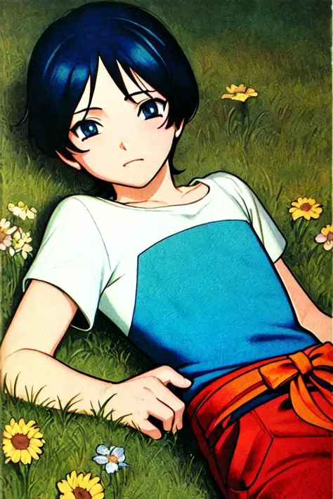 (((masterpiece))), (((best quality))), ((an extremely delicate and beautiful)) ,(beautiful detailed eyes), ,solo, dark black smooth hairï¼ blue eyesï¼1 beautiful boyï¼,coloful, , [[osamushou]] olfnï¼ outdoorï¼bloomï¼lying on the grassï¼sunshineï¼TomBoyï¼asexualityï¼sexlessï¼ short hairï¼ coolï¼ sexyï¼ ã colorful ï¼ livelyï¼expressionlessï¼ sunshineï¼ <lora:scaramoucheGenshinImpact_v10:1>ï¼
