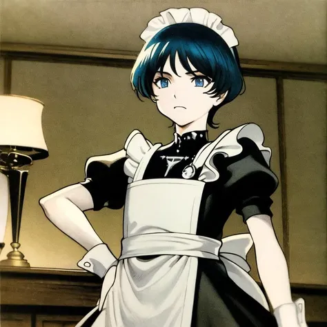 , (((masterpiece))), (((best quality))),  ((an extremely delicate and beautiful)),(upper body),(beautiful detailed eyes),  ,solo, dark black smooth hairï¼ blue eyesï¼1  beautiful girlï¼,coloful,  , [[osamushou]] olfnï¼ outdoorï¼sunshineï¼TomBoyï¼asexualityï¼sexlessï¼ short hairï¼ coolï¼ sexyï¼  ã colorful ï¼ livelyï¼ frownï¼  sunshineï¼ <lora:scaramoucheGenshinImpact_v10:0,9>ï¼ï¼ long sleevesï¼standing straightlyï¼the eighteenth centuryï¼ï¼(((black and white English simple maid long dress)))  slim poor body
unpleasantï¼elegant maidï¼fit
soloï¼ bad mood ï¼indoorï¼ olfn