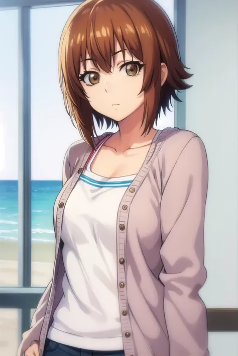 chisakotegawa, <lora:chisa kotegawa s1-lora-nochekaiser:1>,
chisa kotegawa, short hair, bangs, brown hair, (brown eyes:1.5),
BREAK shirt, long sleeves, collarbone, white shirt, open clothes, cardigan, open cardigan,
BREAK outdoors, beach,
BREAK looking at viewer, (cowboy shot:1.5),
BREAK <lyco:GoodHands-beta2:1>, (masterpiece:1.2), best quality, high resolution, unity 8k wallpaper, (illustration:0.8), (beautiful detailed eyes:1.6), extremely detailed face, perfect lighting, extremely detailed CG, (perfect hands, perfect anatomy),
