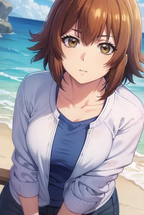 chisakotegawa, <lora:chisa kotegawa s1-lora-nochekaiser:1>,
chisa kotegawa, short hair, bangs, brown hair, (brown eyes:1.5),
BREAK shirt, long sleeves, collarbone, white shirt, open clothes, cardigan, open cardigan,
BREAK outdoors, beach,
BREAK looking at viewer, (cowboy shot:1.5),
BREAK <lyco:GoodHands-beta2:1>, (masterpiece:1.2), best quality, high resolution, unity 8k wallpaper, (illustration:0.8), (beautiful detailed eyes:1.6), extremely detailed face, perfect lighting, extremely detailed CG, (perfect hands, perfect anatomy),