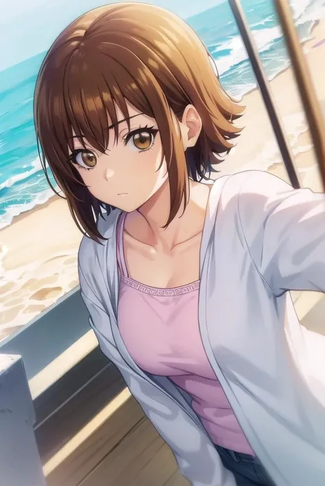 chisakotegawa, <lora:chisa kotegawa s1-lora-nochekaiser:1>,
chisa kotegawa, short hair, bangs, brown hair, (brown eyes:1.5),
BREAK shirt, long sleeves, collarbone, white shirt, open clothes, cardigan, open cardigan,
BREAK outdoors, beach,
BREAK looking at viewer, (cowboy shot:1.5),
BREAK <lyco:GoodHands-beta2:1>, (masterpiece:1.2), best quality, high resolution, unity 8k wallpaper, (illustration:0.8), (beautiful detailed eyes:1.6), extremely detailed face, perfect lighting, extremely detailed CG, (perfect hands, perfect anatomy),