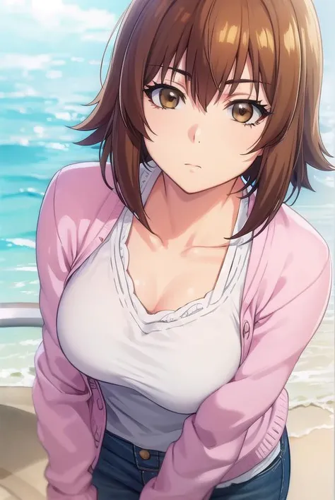 chisakotegawa, <lora:chisa kotegawa s1-lora-nochekaiser:1>,
chisa kotegawa, short hair, bangs, brown hair, (brown eyes:1.5),
BREAK shirt, long sleeves, collarbone, white shirt, open clothes, cardigan, open cardigan,
BREAK outdoors, beach,
BREAK looking at viewer, (cowboy shot:1.5),
BREAK <lyco:GoodHands-beta2:1>, (masterpiece:1.2), best quality, high resolution, unity 8k wallpaper, (illustration:0.8), (beautiful detailed eyes:1.6), extremely detailed face, perfect lighting, extremely detailed CG, (perfect hands, perfect anatomy),