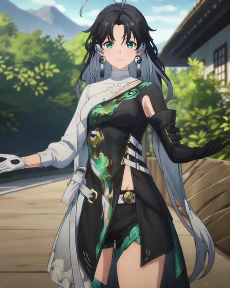 masterpiece,best quality,outdoors,standing,cowboy shot,looking at viewer,
<lora:jianxin_xl:0.7>,jianxin,1girl,solo,gloves,jewelry,earrings,black hair,multicolored hair,long hair,white gloves,black gloves,long sleeves,clothing cutout,bangs,ahoge,yin yang,<lora:Anime_Screencap:1>,anime screencap,