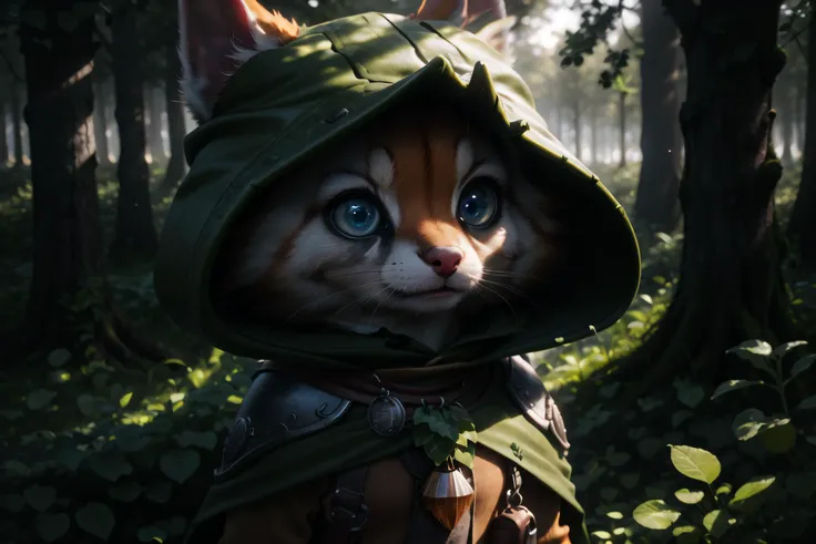 1girl, big eyes, blue eyes, large pupils, chibi, looking at viewer, Photorealistic, Hyperrealistic, Hyperdetailed, analog style, demure, detailed skin, matte skin, soft lighting, subsurface scattering, realistic, heavy shadow, masterpiece, best quality, ultra realistic, 8k, golden ratio, Intricate, High Detail, film photography, soft focus, orange fur, green cape, pants, animal ears, tail, hood, necklace, capelet, furry, ears through headwear, orange fur, forest, tree, sunbeam, closed mouth, standing, <lora:Hoodwink_dota:0.6>, <lora:Detailed_eyes:0.6> <lora:LowRa (Shadows):0.3>