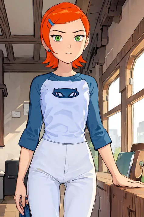 <lora:Gwen-10:0.8> gwen, hairclip, blue shirt, raglan sleeves, white pants