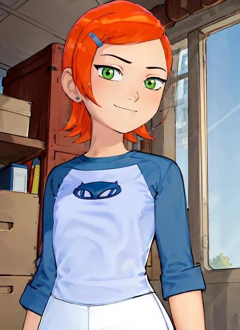((best quality)), ((highly detailed)), masterpiece, absurdres, (detailed eyes, deep eyes), <lora:more_details:.2>, (1girl), dynamic pose, upper body, <lora:Gwen-10_idk:.9>, gwen, hairclip, smiling, blue shirt, raglan sleeves, white pants, (indoors, at a garage, truck)