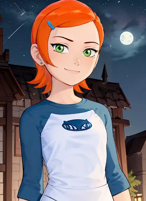 ((best quality)), ((highly detailed)), masterpiece, absurdres, detailed face, beautiful face, (detailed eyes, deep eyes), (1girl), dutch_angle, dynamic pose, upper body, <lora:Gwen-10_idk:.7>, gwen, hairclip, smiling, blue shirt, raglan sleeves, white pants, (outdoors, in a church, night, night sky, stars, full moon, shooting star, telescope)