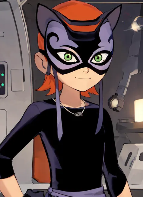 ((best quality)), ((highly detailed)), masterpiece, absurdres, (detailed eyes, deep eyes), (1girl), depth of field, dynamic pose, upper body, <lora:Gwen-10_idk:.9>, gwen, hairclip, smiling, domino mask, black bodysuit, black gloves, purple sash, (indoors, on a space station, space, stars)
