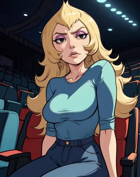 Vidalia, blond hair, make up, black eyes, long hair,
blue shirt, jeans,
upper body, serious, hips, sitting,
night, open movie theater,
(insanely detailed, beautiful detailed face, masterpiece, best quality) cinematic lighting,
<lora:Vidalia:0.7>
