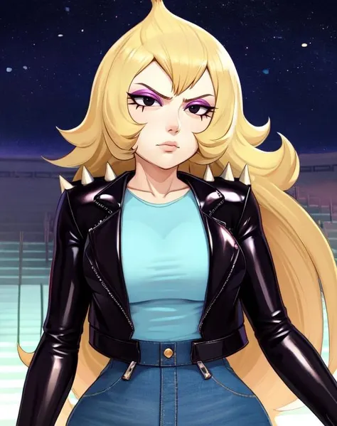 Vidalia, blond hair, make up, black eyes,  long hair, 
leather jacket, blue shirt, shoulder spikes,   jeans, 
standing, upper body, serious,  hips, 
night, open movie theater, 
(insanely detailed, beautiful detailed face, masterpiece, best quality) cinematic lighting, 
 <lora:Vidalia:0.7>