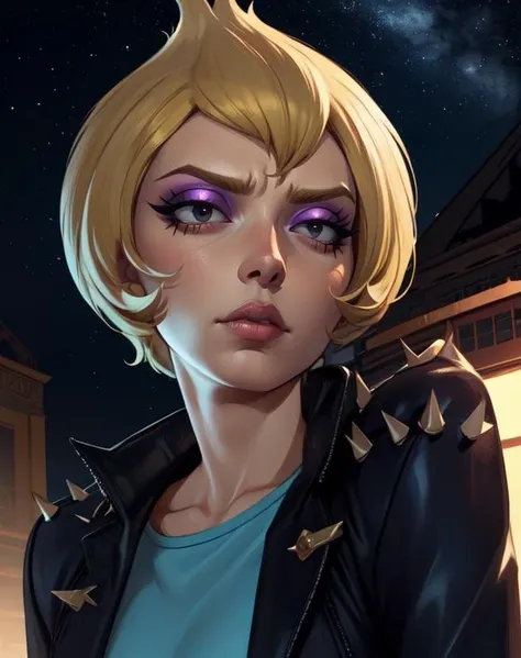 Vidalia, blond hair, short, hair, make up, black eyes,
leather jacket, blue shirt, shoulder spikes, jeans,
night,open movie theater, stars, serious,
(insanely detailed, beautiful detailed face, masterpiece, best quality) cinematic lighting,(solo:1.6),
<lora:Vidalia:0.7>,