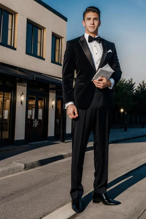 evening sky, outside, on the sidewalk, in front of restaurant, fine dining restaurant, standing next to lectern, muscular DarinSilvers, slight smile, maître d', wearing black tuxedo, black tuxedo jacket, white dress shirt, black bowtie, black dress pants, black socks, dress shoes, holding menus in his hand, masterpiece, (((full body portrait))), ((full body)), wide angle, (looking at viewer), highly detailed, (high skin detail), (high face detail), photorealistic, RAW photo, soft lighting, high quality <lora:DarinSilvers:0.7>