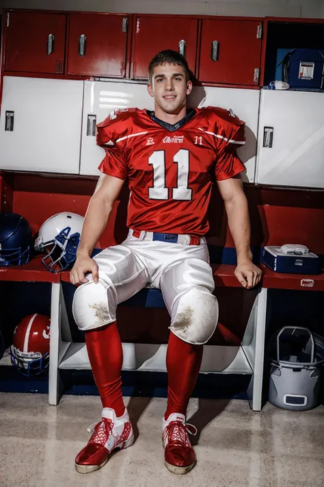 In an American football locker room, (sitting on a locker room bench), legs spread open, DarinSilvers is a muscular (American football player) wearing (((red color jersey))), ((shoulder pads)), ((jersey number 11)), (((white football pants and pads))), ((red socks)), (long socks), (black sneakers), slight smile, highly detailed, sharp focus, high skin detail, photorealistic, masterpiece, (((full body portrait))), (full body), wide angle, (high face detail), (even lighting), <lora:DarinSilvers:0.75>