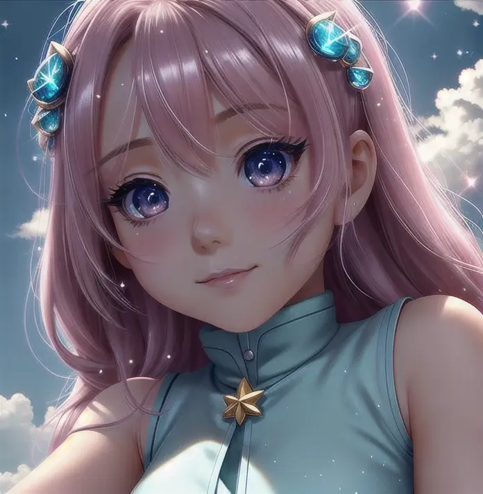 chibi, constellation, (1girl, solo:1.2), (chibi:1.3), eyeliner, eyelashes, looking at viewer, (shiny skin:0.16), (pale skin:0.33), (body blush:0.38), eyes beautiful, anime , realistic, masterpiece, best quality, still, cloud girl, floating in the sky, (close-up:1.1), bright, happy, fun, soft lighting